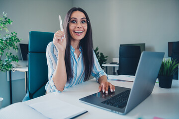 Sticker - Photo of nice woman eureka brilliant idea working dressed striped formalwear comfortable light startup office room interior