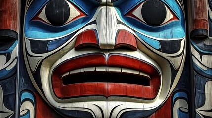 Wall Mural - Close-up of a traditional Haida totem pole featuring an intricately painted face with vibrant blue and red colors. The high-resolution digital art emphasizes the detailed depiction of the eyes and mou