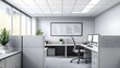 © horizon - Modern office cubicle, sleek grey partitions, ergonomic desk chair, dual monitor setup, minimalist desk organizer, soft ambient lighting, potted succulent, motivational poster on wall.