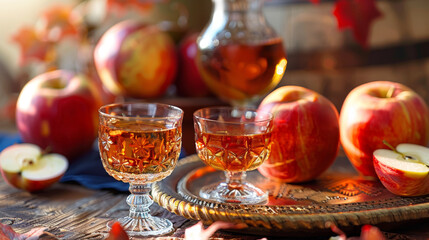 Traditional Rosh Hashanah elements of apples and honey are beautifully arranged in a warm autumn atmosphere