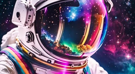 Wall Mural - colorful cosmos reflecting in the helmet of an astronaut wearing a spacesuit with vibrant colors