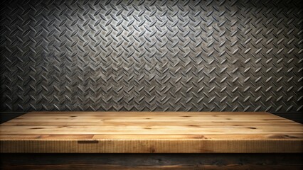 Aufkleber - Wood table with black diamond plate texture background, ideal for product presentation and display