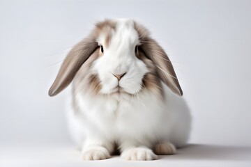 A fluffy rabbit with long ears and soft fur sitting on a white background, AI Generated