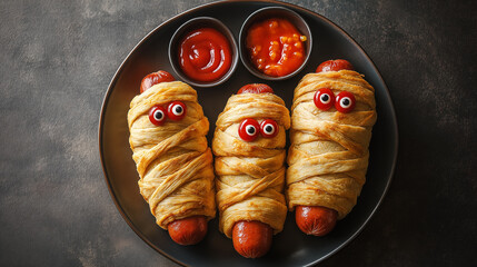 Funny sausage in dough with eyes and ketchup on dark background