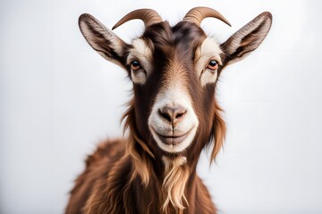 A friendly brown goat with a small beard standing on a white background, AI generated