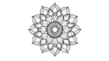 Wall Mural - A black and white line drawing of a mandala, a circular design with intricate patterns and details.