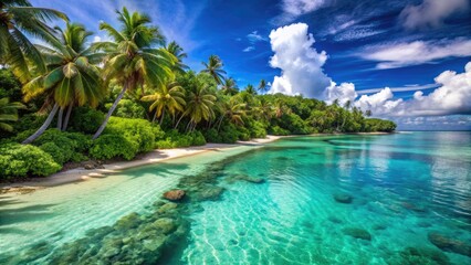 Vibrant turquoise lagoon waters gently lap against the powdery white sand shore of a secluded tropical island, surrounded by lush green palm trees and coral reefs.