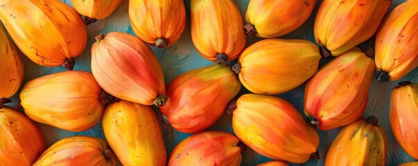 Fresh, ripe papayas arranged closely together, showcasing their vibrant colors and textures. Free copy space for text.