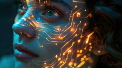 Woman's Face with Glowing Circuitry Overlay
