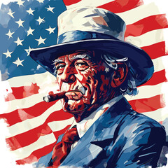 Stern elderly man with cigar in patriotic outfit against American flag background, artistic illustration