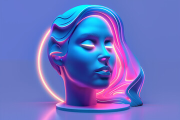 Wall Mural - A futuristic sculpture of a serene woman’s head illuminated with vibrant neon colors in a modern artistic setting. Abstract face for presentation of cosmetic procedures