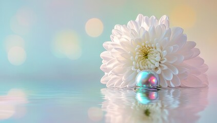 A single white chrysanthemum flower and an iridescent pearl on the right, with a light blue background