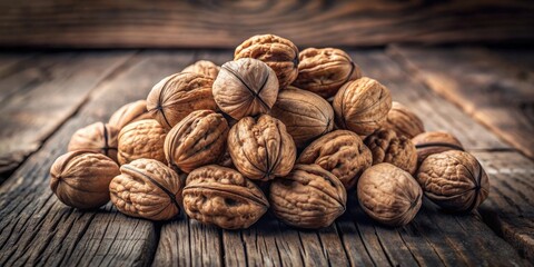 A rustic still life of a handful of walnuts on a wooden background