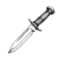 A minimalist sketch of a combat knife, tactical weaponry, thin ink lines, isolated on white background