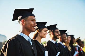 Poster - Row, students and graduation ceremony in outdoor, diploma celebration and solidarity for support. People, friends and certified together for university success, diversity and degree achievement goals