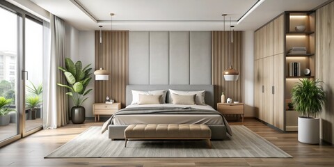 Aufkleber - Modern minimalist bedroom interior with clean lines, neutral colors, and simple decor