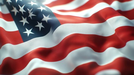 Close Up of American Flag Waving in Wind  Red  White  and Blue Stripes  Stars  USA