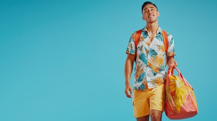 A young Asian man in a vibrant tropical print shirt and shorts walks confidently, holding a colorful beach bag, excited for summer adventures