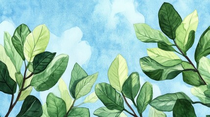 Wall Mural - Watercolor illustration of numerous leaves with a green branch set against a blue sky backdrop