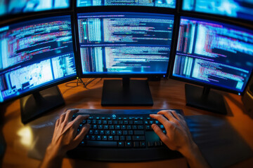 Monitor with program code and hands of man typing on keyboard in night office. Programmer working on software development project late at night