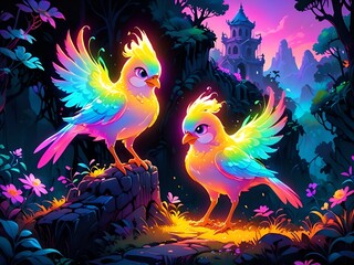 Sticker - Two Colorful Birds in a Fantasy Forest