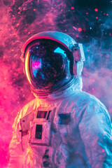 Wall Mural - astronaut wearing helmet against abstract cosmic background. man in spacesuit with neon lighting and