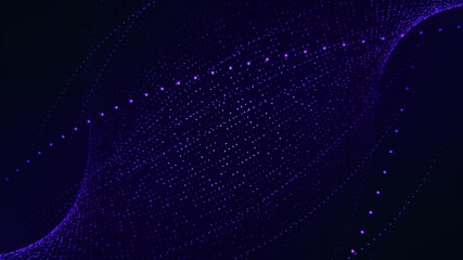 Looped cyberspace animation of twisted abstract form made of moving particles with bright dotted lines on a dark background with soft illumination. Computer technology screensaver. VJ loop , 4k 60 fps
