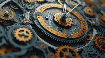 A giant, intricate clock made of gears labeled with financial terms like dividends, growth, and compounding