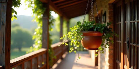 A green plant in a hanging pot on a balcony with a city skyline in the background. The plant's vibrant leaves contrast with the urban scenery, creating a peaceful and refreshing atmosphere