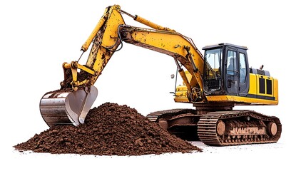 An excavator digs into the earth, isolated against a stark white background.