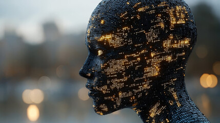 Human head silhouette with code data. 3D Rendering