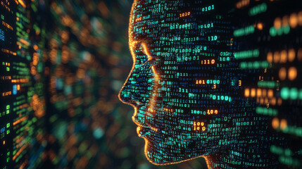 Human head silhouette with code data. 3D Rendering