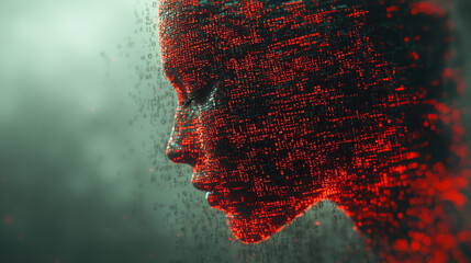 Human head silhouette with code data. 3D Rendering