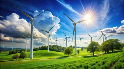 Sleek, modern wind turbines rotate harmoniously in a lush green landscape, generating clean electricity and promoting sustainable development under a bright blue sky.