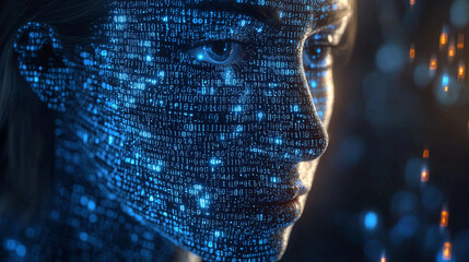 Human head silhouette with code data. 3D Rendering