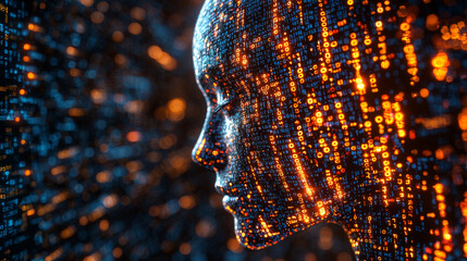 Human head silhouette with code data. 3D Rendering