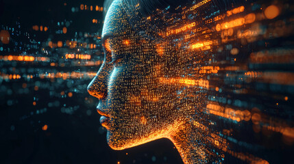 Human head silhouette with code data. 3D Rendering