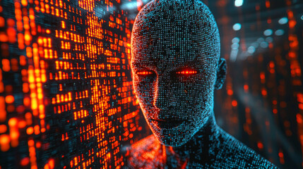 Human head silhouette with code data. 3D Rendering