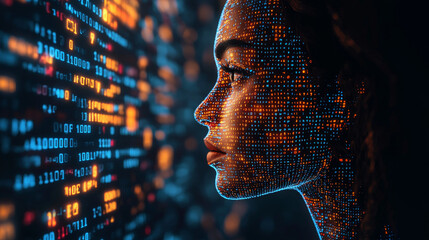 Human head silhouette with code data. 3D Rendering