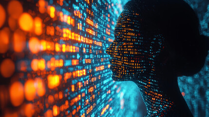 Human head silhouette with code data. 3D Rendering