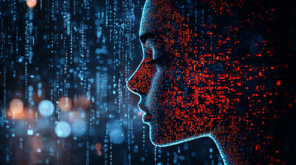 Human head silhouette with code data. 3D Rendering