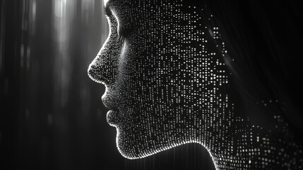 Human head silhouette with code data. 3D Rendering