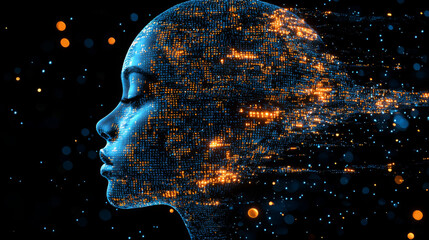 Human head silhouette with code data. 3D Rendering