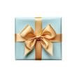 © Andrii - Light blue gift box with golden ribbon and bow isolated on transparent background, top view. PNG file.