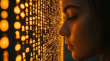 Human head silhouette with code data. 3D Rendering