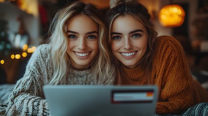 Two friends enjoying a shopping spree from the comfort of home, lying on a bed with a laptop and credit card, focused on the screen.