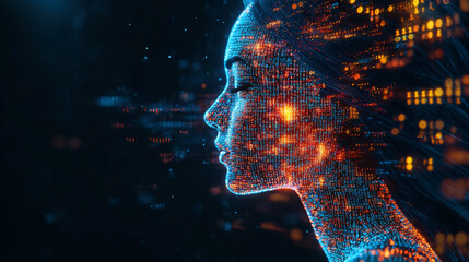 Human head silhouette with code data. 3D Rendering