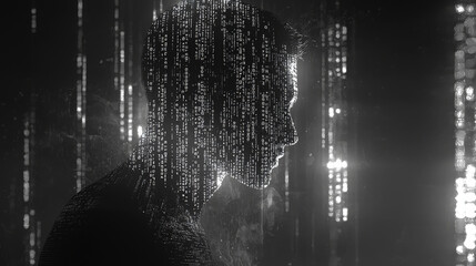 Human head silhouette with code data. 3D Rendering