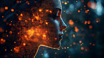 Human head silhouette with code data. 3D Rendering