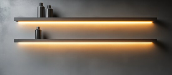 Sticker - Contemporary shelving with illumination against a gray backdrop 3D rendering